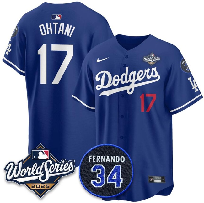 Men's Royal Los Angeles Dodgers #17 Shohei Ohtani 2025 World Series With No.34 Patch Limited Stitched Baseball Jersey